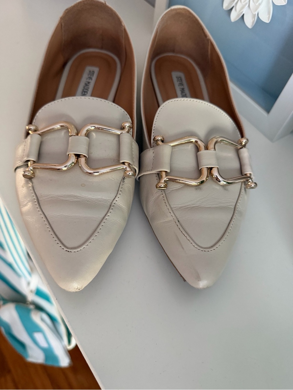Steve Madden Cream Pointed Loafers with Gold Buckle Detail